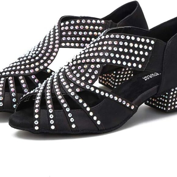 Women Satin Rhinestone Dance Shoes Ballroom Latin Salsa Bachata 7.5 - Picture 3 of 6